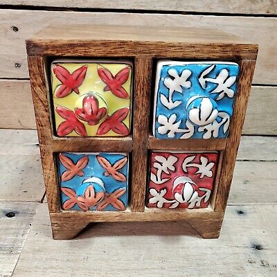 India Inspired Wooden 4 Drawer With Ceramic Hand Painted Knobs