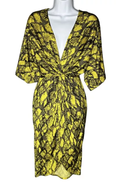 NY & Co Yellow & Black Snake Python Print Wrap Dress Short Sleeve Women's Small