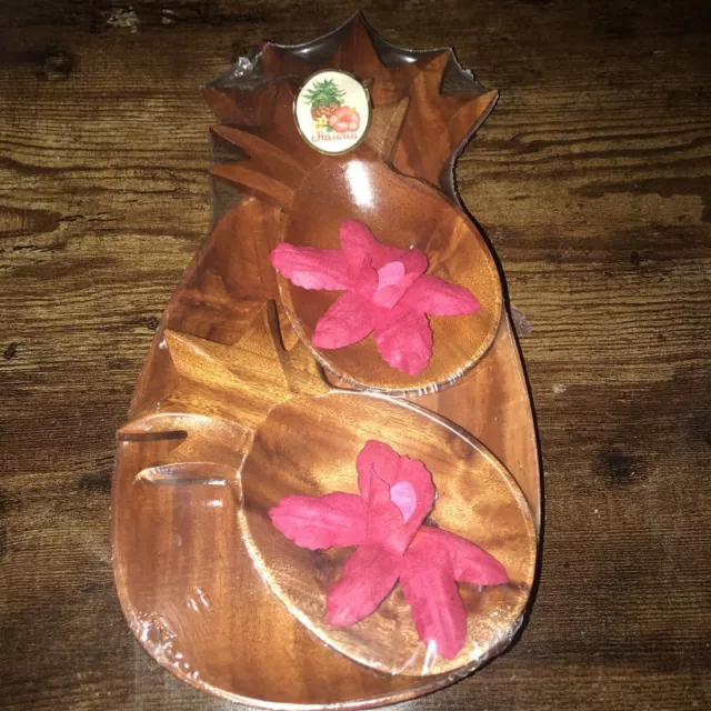 Vintage Pineapple Hand Carved Wooden Bowls Made in the Philippines Set of 3 NEW