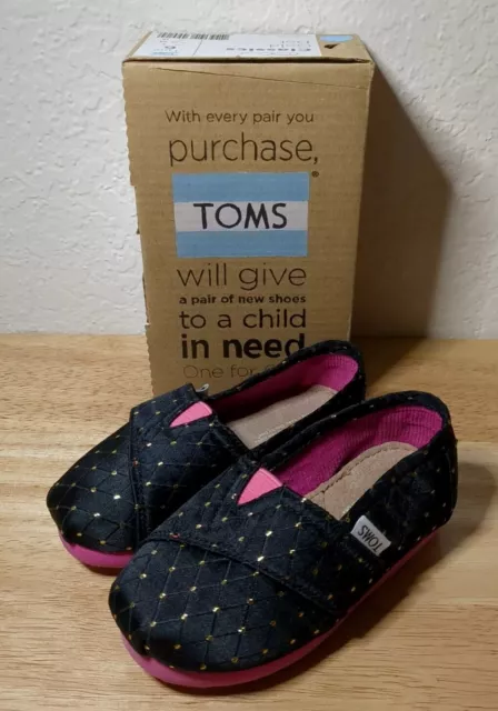 Toms Girls Shoes Flats Slip On Satin Black Pink Gold Polka Dots: Size Tiny 6New