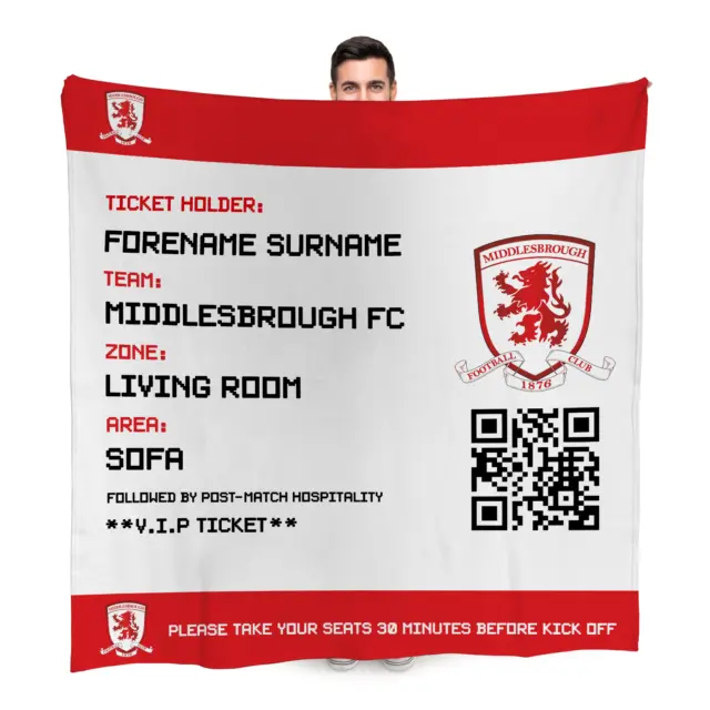 Middlesbrough FC Ticket Personalised Fleece Blanket Officially Licenced Gift