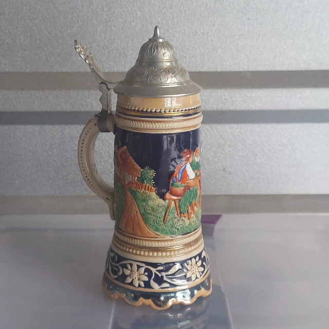 German Beer Stein Pewter Lid Thoren Music Box Glazed Ceramic - Music Don't Work