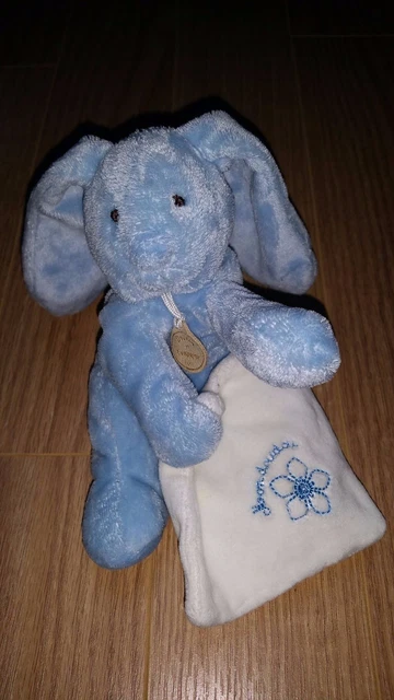 Doudou et compagnie Mon doudou lapin bleu mouchoir blanc fleur brodée