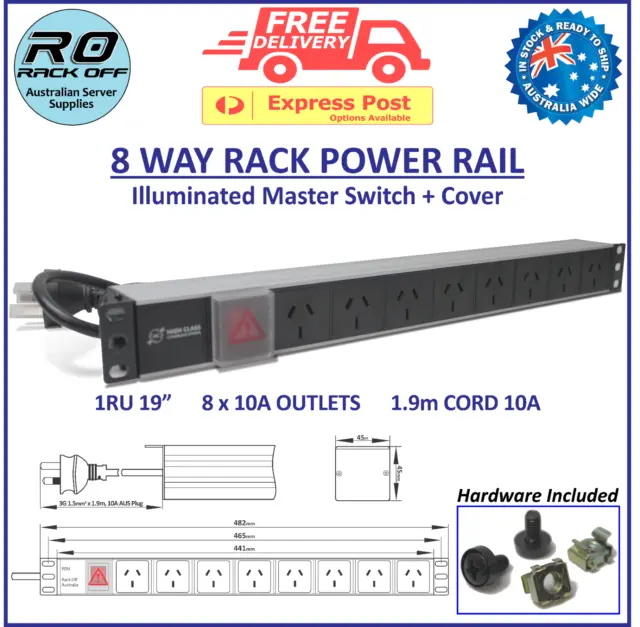 8 Way Power Distribution Unit PDU Server Rack Mount 1RU 19" - Black & Silver