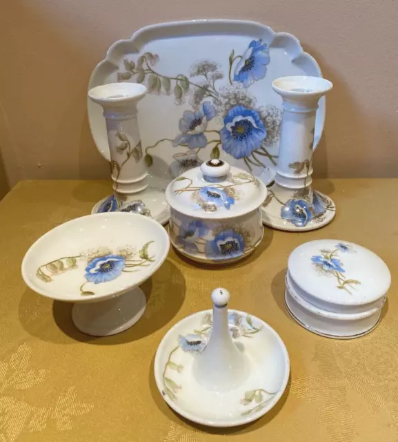 Vintage Limoges A. Lanternier France Floral Porcelain 7-Piece Dressing Table Set