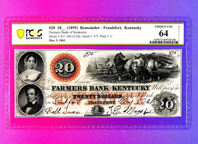 1859 $20 Farmers Bank of Kentucky Frankfort KY OBSOLETE PAPER MONEY PCGS 64 READ