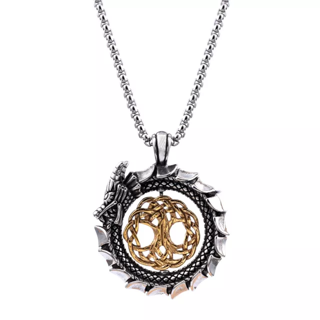 Mens Gold Viking Dragon Tree Of Life Pendant Necklace Irish Knot Silver Gift