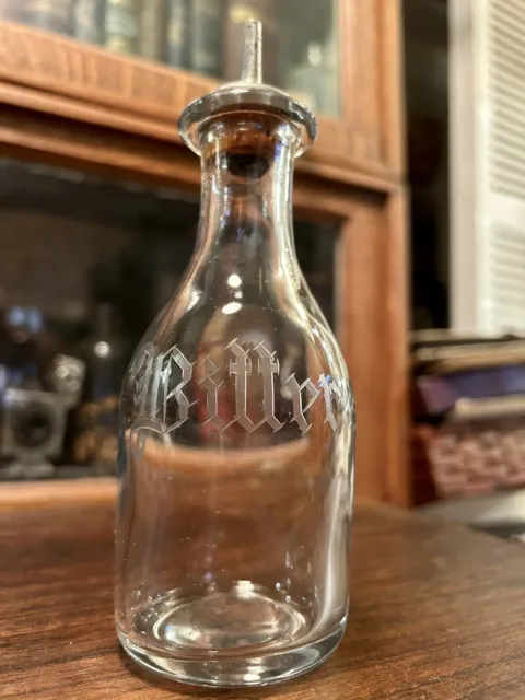Vintage Bitters Bottle Glass Decanter Etched glass silver cork top