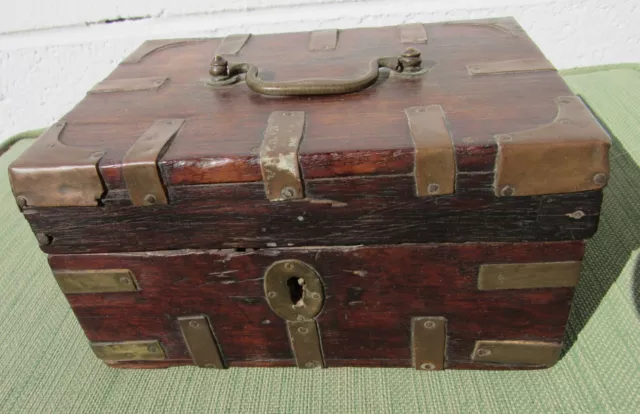 Exceptional Antique 18th Century Brass Bound Wood Jewelry Trinkets Box Hinged