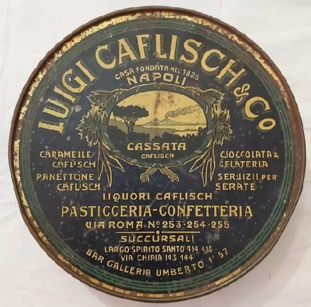 Scatola di Latta Caramelle Cioccolata 1875 Tin Box Luigi Caflisch & Co Vesu..