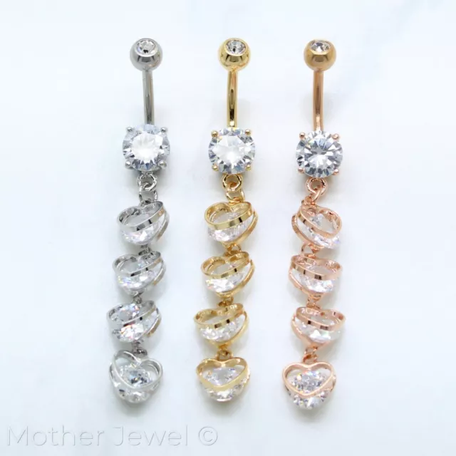 Heart Drop Dangle Simulated Diamond Silver Yellow Rose Gold Ip Belly Navel Ring
