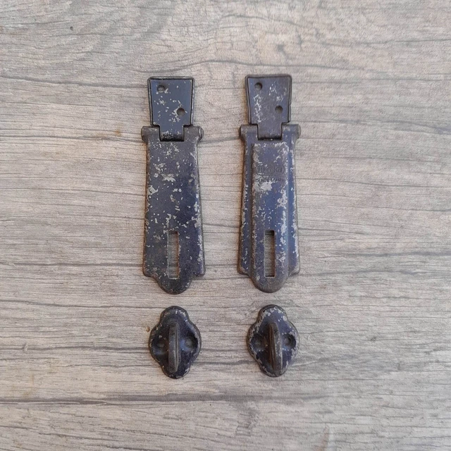 Vtg iron drawer dresser tool box chest trunk drop lifting latch lock ornate 2pcs