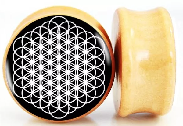 Pair Wood Handmade Ear Plugs Organic Gauges Flesh Tunnels Earring Flower of Life