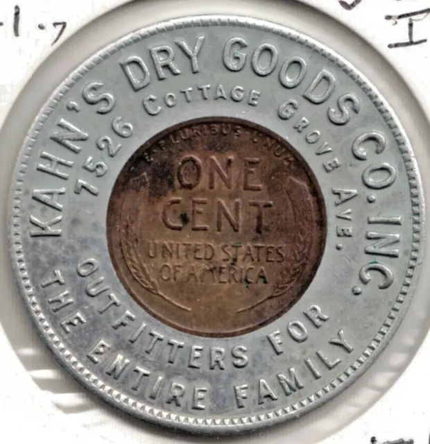 US 1934 Encased Good Luck Penny Kahn's Dry Goods Chicago