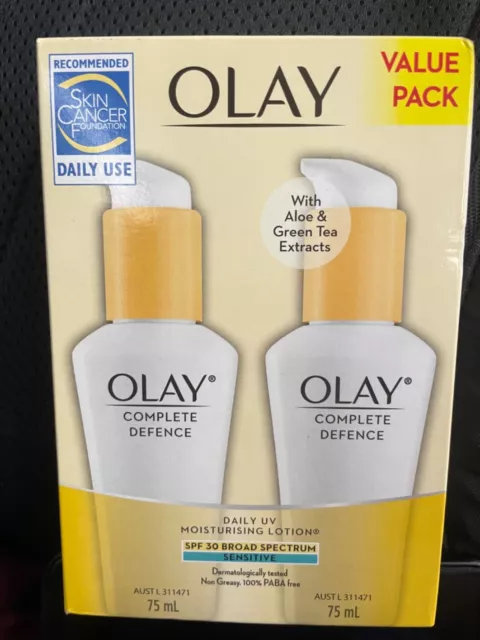 Olay Complete Defence Daily UV Moisturising Lotion 2x 75mL NEW SPF 30 Value Pack