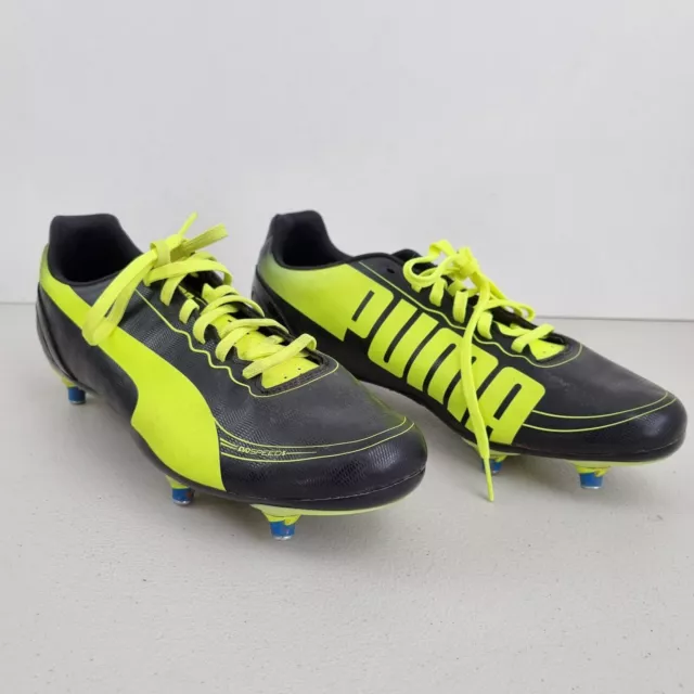 Mens Puma EVOSPEED Black Leather Football Boots UK 8 Logo Yellow - Great Con