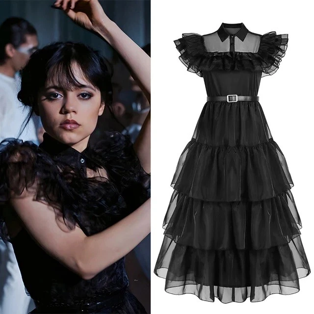 Costume Mercredi Addams Pour Femme – Robe Gothique Noire, Perruque, Accessoires, Cosplay Halloween