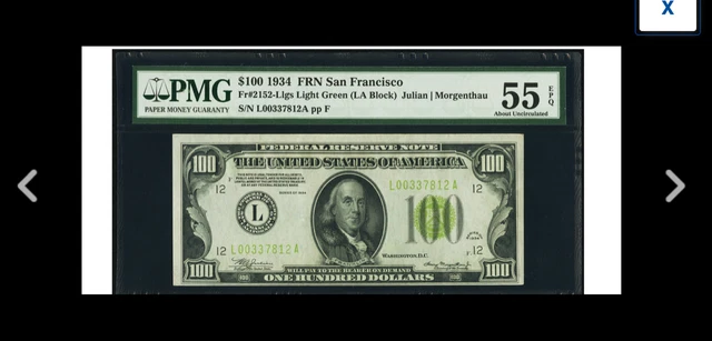 && San Francisco SOOPER light GREEN Fr2152-L $100 1934 Light Green PMG 55EPQ