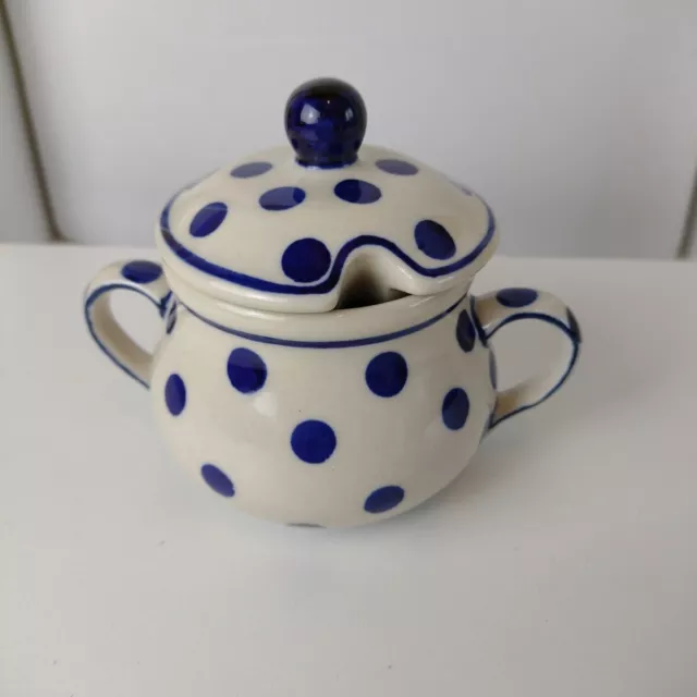 Genuine Polish Pottery Handmade Boleslawiec Sugar Bowl Lid Blue White Polka Dot