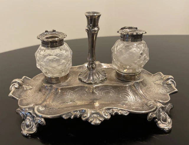 ANTIQUE THOMAS BRADBURY & SONS ENGLAND c1900 STERLING SILVER INKWELL STAND
