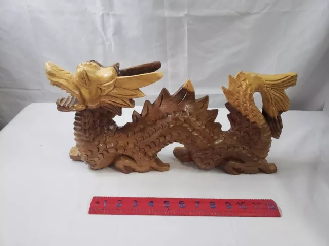 Beautiful Hand Carved Wooden Dragon With Dark & Light Mixed Wood @ 17"