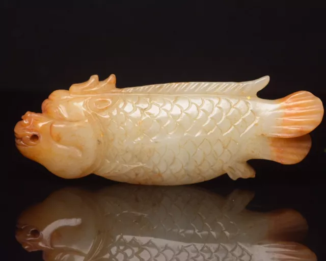 Collection Chinese Natural Hetian Jade Carved Dragon Fish Statue Figurines Art