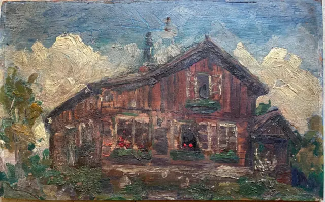 ::Ölgemälde Romantiker Haus Am Berg Alpen Um 1900 Htte Bauernhof Holzhaus Antik