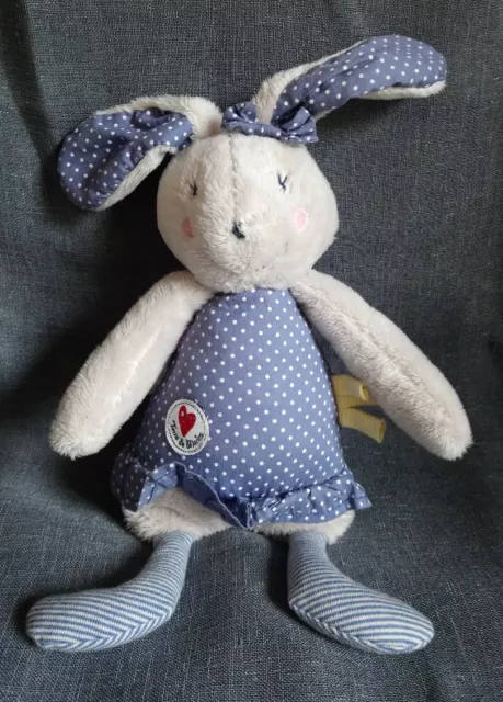Doudou peluche lapin bleu blanc pois beige Terre de Marins + cadeau