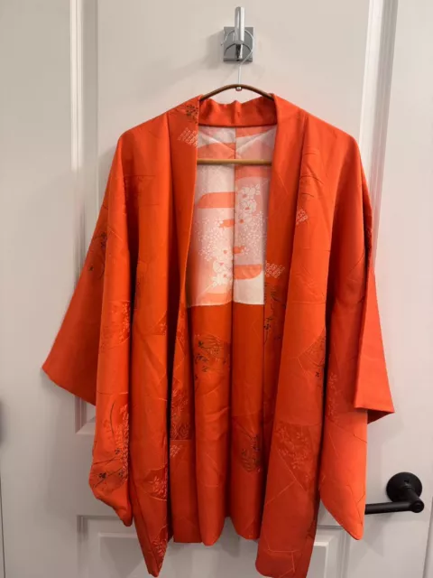 Kimono Haori Traditional Japanese Jacket Pure Silk Floral Pattern Orange Red