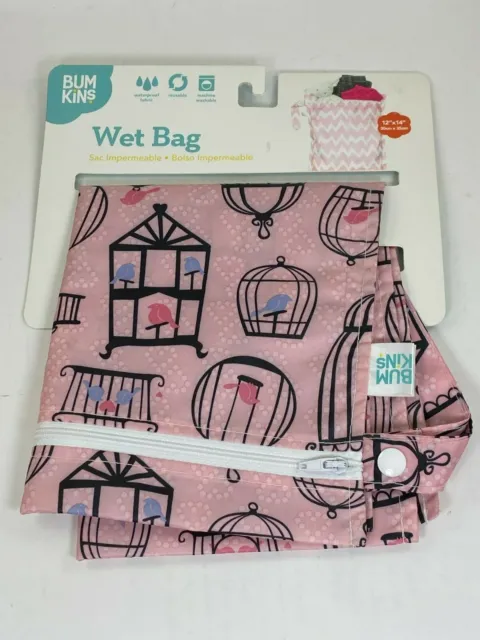 Bumkins Reusable Waterproof Wet/Dry Bag - Zippered - Pink with Birdcages