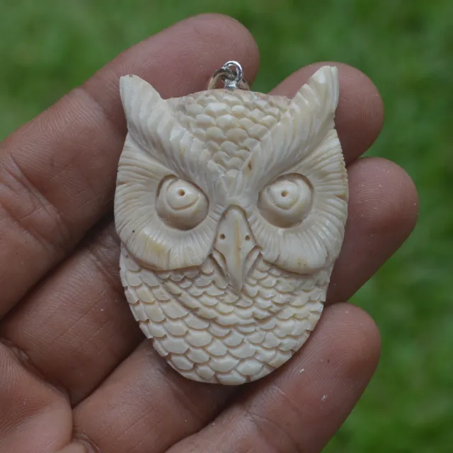 Owl Head Carving 49x37mm Pendant P5643 w/ Silver in Antler Hand Carved