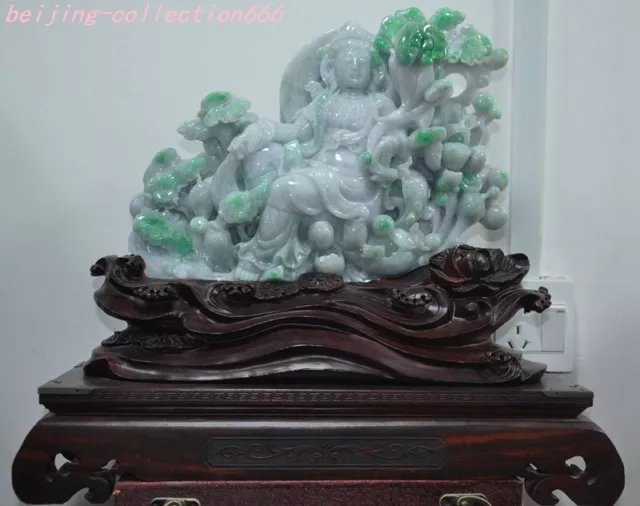 19"100%Natural Emerald Green Jade Jadeite Kwan-Yin GuanYin goddess Buddha Statue