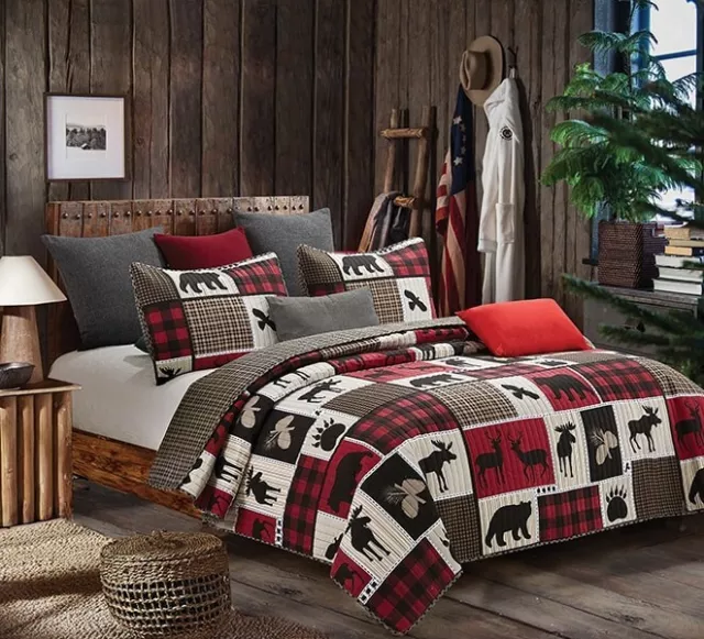 Twin Size Lodge Life 2 pc Quilt Sham Wildlife with Red Plaid Buffalo Checks 2