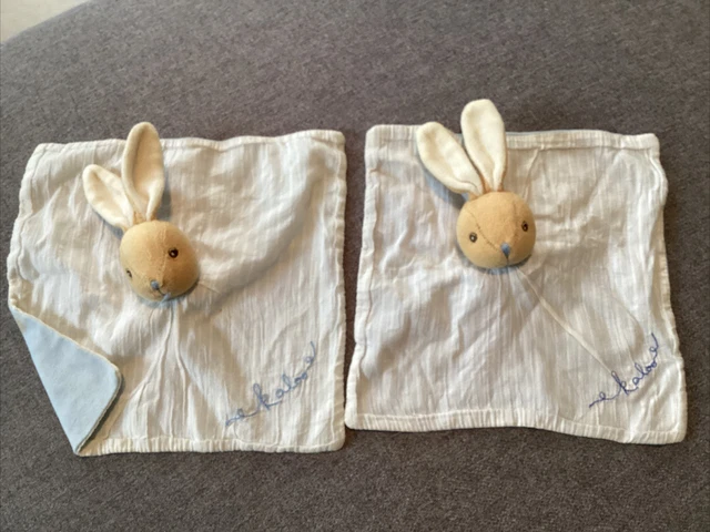 O/ Lot 2 Doudou Kaloo Lapin Plat Carré Blanc Rayé Bleu Beige Marron