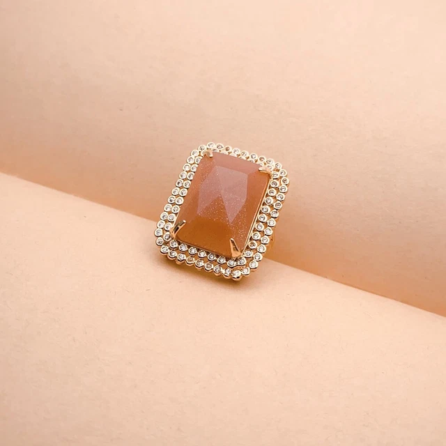 1 Pc Natural Sunstone Rectangle Cz Pave Ring Gold Plated Adjustable Ring Fashion
