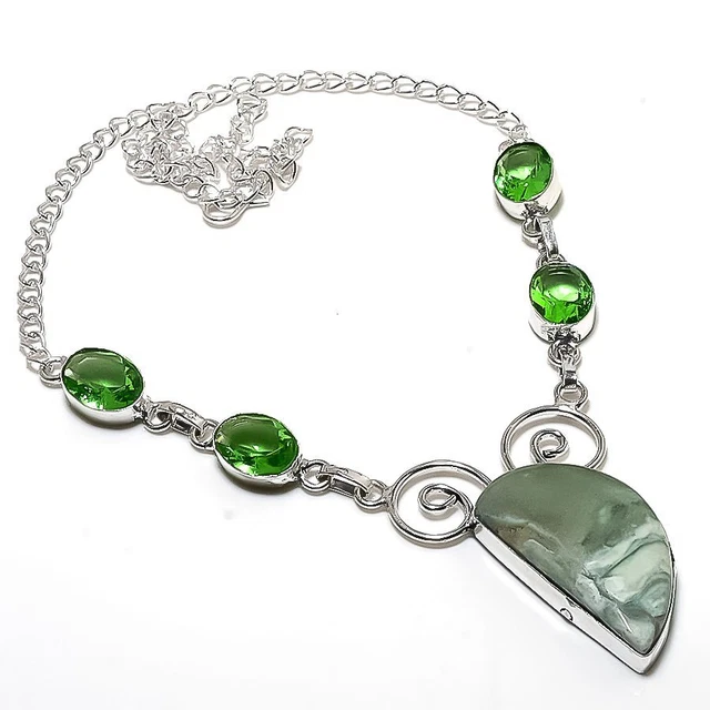 Imperial Jasper, Tsavorite Gemstone Handmade Gift Jewelry Necklace 18" H632