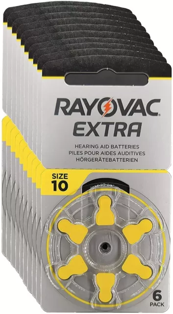 Rayovac Extra Advanced Hearing Aid Batteries Size 10 Yellow Tab PR70 Pack 30/60