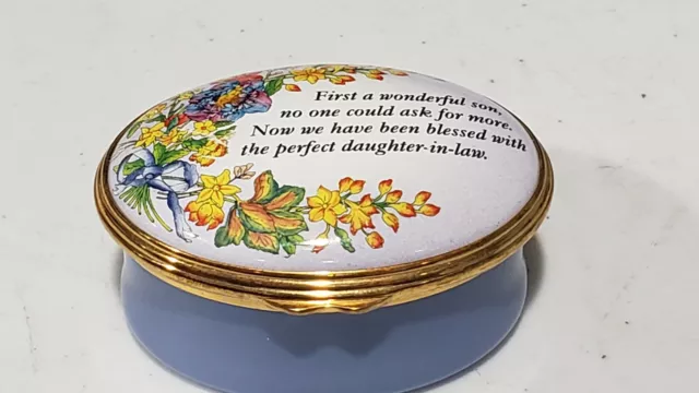 RARE Halcyon Days Enamel Box Son and Daughter in Law Poem Pill Trinket Box