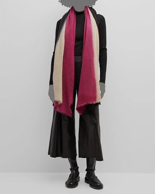 $435 Bajra Women's Pink Beige Ombré Webby Nepal Fringe Knit Cashmere Wrap Scarf