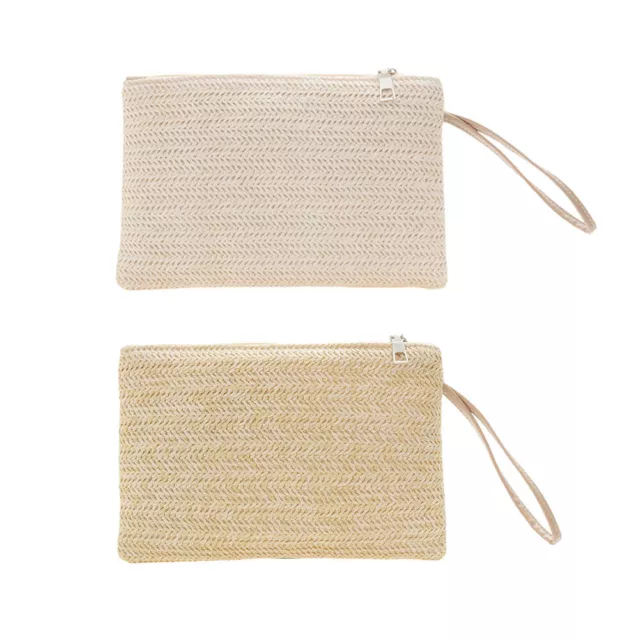 Women Bohemian Style Beach Summer Woven Clutch Wristlet Bag Solid Color Purse