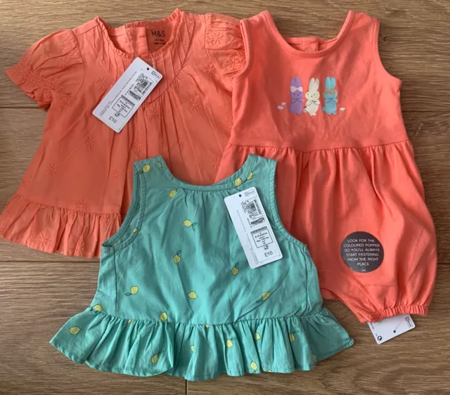 M&S Baby Dress, Top & Playsuit BNWT Age 0-3 months Coral & Green