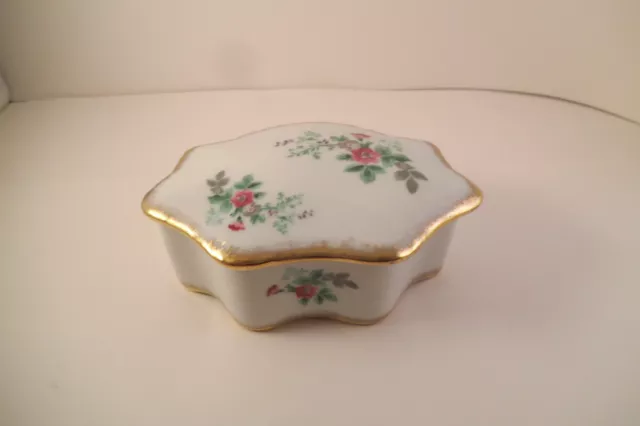 Vintage FM Limoges France Porcelaine Artistique Trinket Box Red Flowers