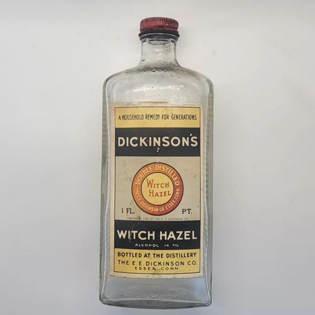 Vintage Dickinson's Witch Hazel Glass Bottle Copyright 1933 Metal Cap 8" 