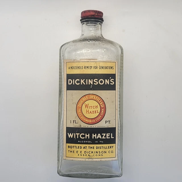 Vintage Dickinson's Witch Hazel Glass Bottle Copyright 1933 Metal Cap 8" Vintage Dickinson's Witch Hazel Glass Bottle Copyright 1933 Metal Cap 8"