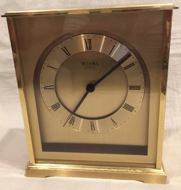 Vintage Bulova Brushed Brass Quartz Desk/Mantle Clock, Very Good Condition