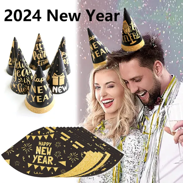 6/12PCS New Year Party Hats Black Cone Hat 2024 Decoration Photo Props Gifts