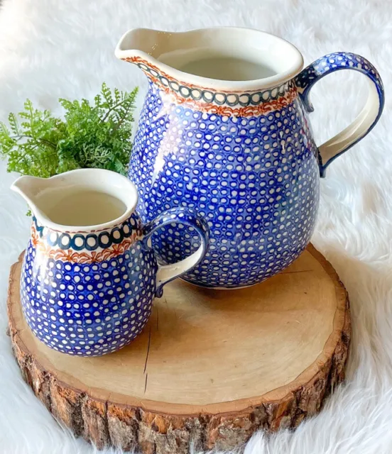 VTG Made Poland Williams Sonoma Pitcher & Creamer Blue Hand Painted Jug Pottery