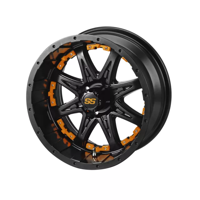 15" Revenge Mt Blk Golf Cart Wheel w/Orange Inserts (Set of 4)