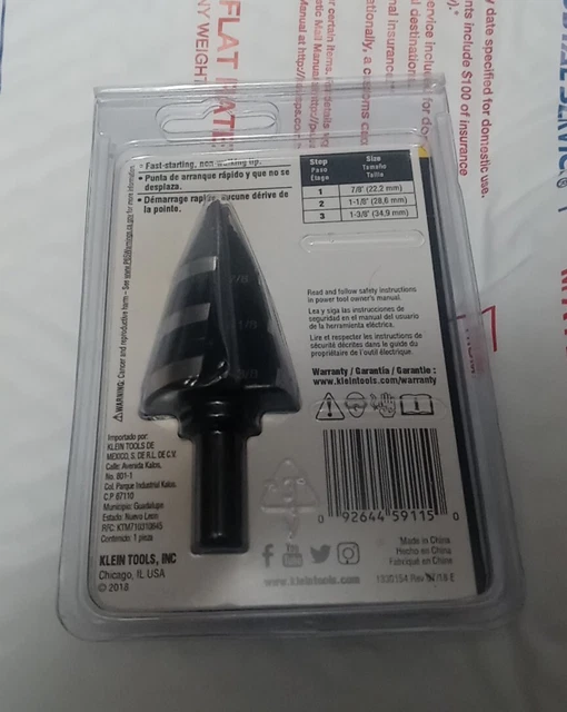NEW SEALED Klein Tools KTSB15 7/8", 1-1/8" for 1-3/8" Step Drill Bit #15 2