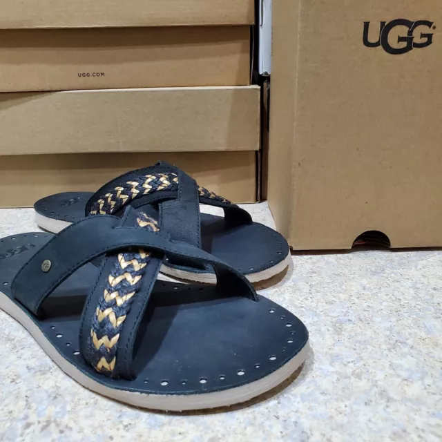 New Womens Size 8 Black Ugg Lexia Leather Flip Flops Sandals 1017792